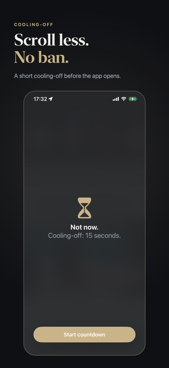 Off Hours shield: a 15-second cooling-off before the app opens